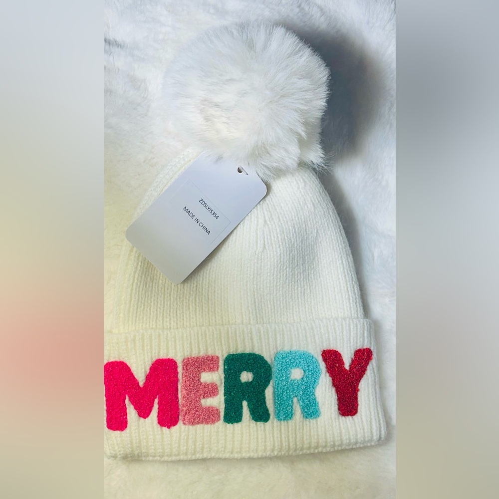 White Pom-Pom Beanie hat with Colorful 'MERRY' Design and Pom Pom